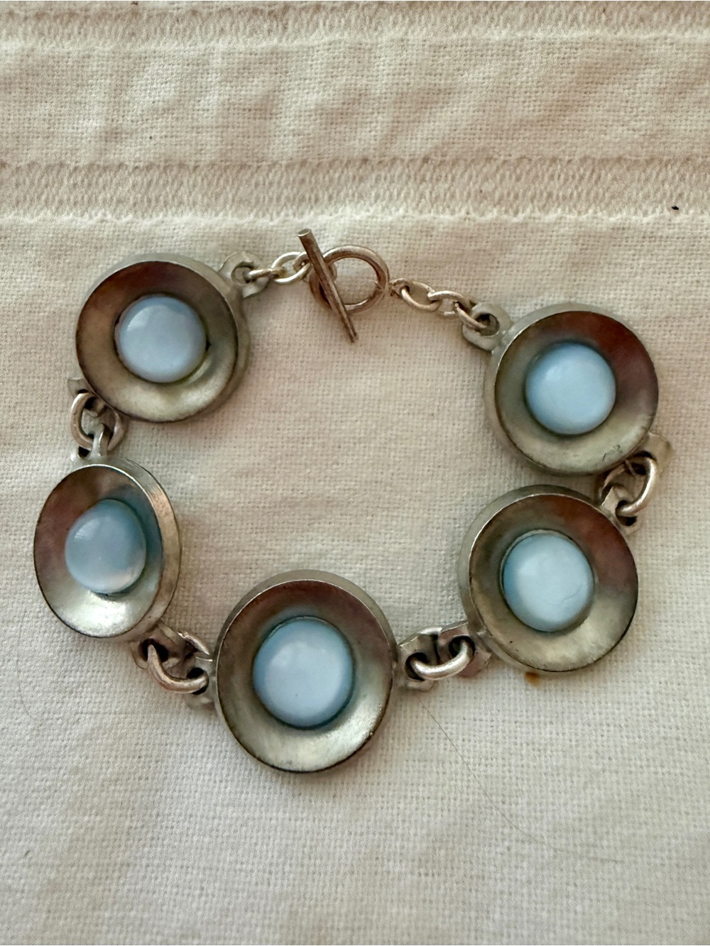 Vintage Pale Blue Art Glass Cabochon Danish Pewter Bracelet 7”